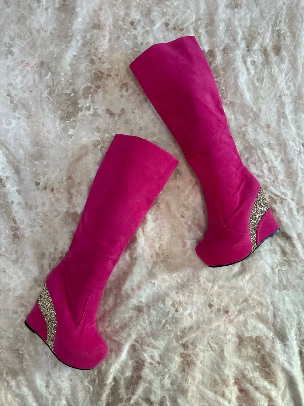 Women's Fuchsia Knee-High Wedge Boots with Glitter Accent